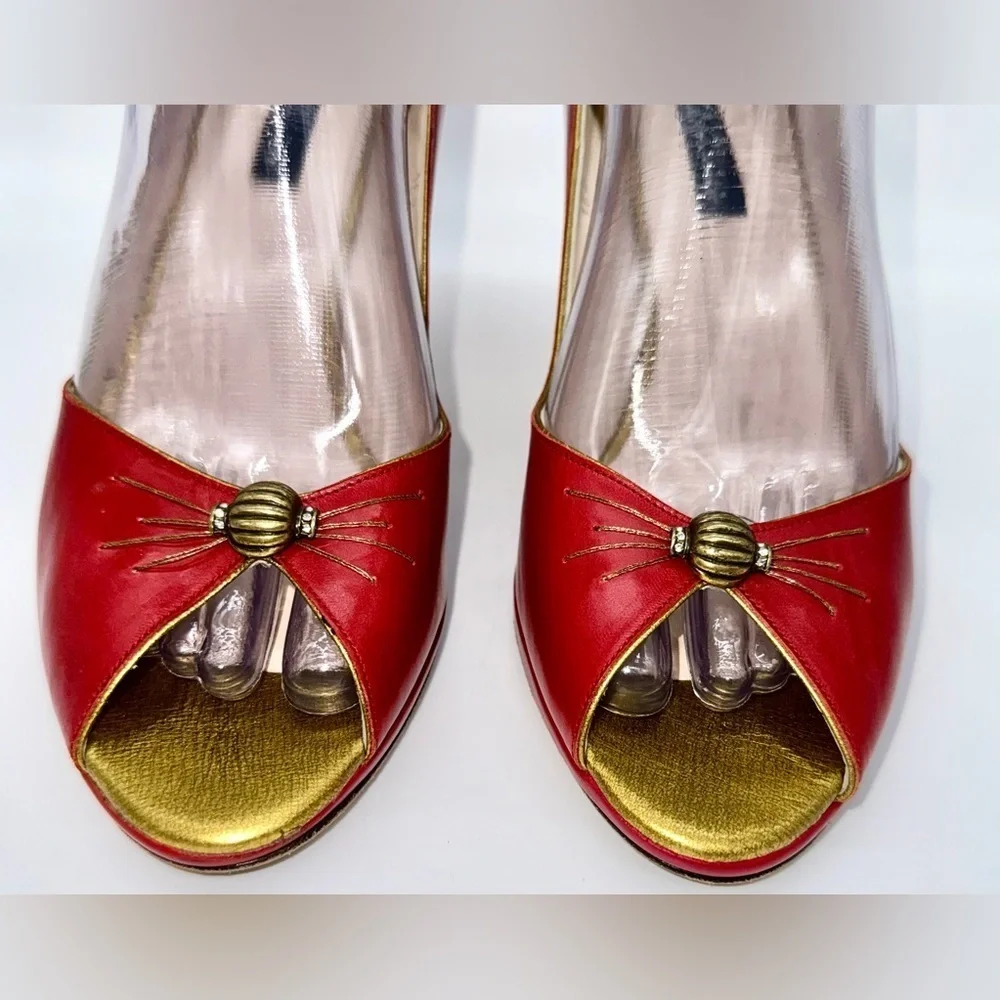 LULU GUINNESS Red Leather 3” Heels Old Style Diamond Accents Size: 39/ US:8